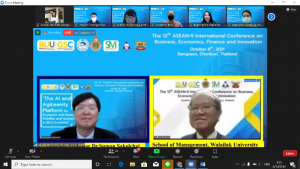 School of Management Walailak University co-hosted The 12th International Academic Conference (The 12th ASEAN + 9 International Conference on Business, Economics, Finance and Innovation) on Friday, October 8, 2021 via online system ZOOM Meeting with the College of Commerce. Burapha University with the Dean of Assoc.Prof.Dr. Jeerakiat Apibunyopas attended the opening ceremony and received a plaque for participating in this event. The conference was hosted by four academic institutions and associations: Ajeenkya DY Patil University, India; Faculty of Business Administration, Rajamangala University of Technology Isan; School of Management, Walailak University; and Personnel Management. Association of Thailand (PMAT) and 11 educational institutions participated in submitting articles to attend academic conferences.            In this event honored by Special speakers from 3 institutions:  The 1st keynote speaker on topic: “The AgiLeanity Platform for Economic and Business Stability and Sustainability in BCG Economy” Associate Professor Dr.Mark William Speece, Adjunct Research Faculty, College of Management, Mahidol University              The 2nd keynote speaker on topic: “AgiLeanity: Blending Agile with Lean and Practical Applications in Cambridge” Dr.Sibel Allinson Sr. Project Manager, Delivery Management Office, University of Cambridge            The 3rd keynote speaker on topic: “Challenge of Digital Business During the Pandemic: An Insight into the Malaysian E-Commerce Ecosystem” Assistant Professor Dr. Hen Kai Wah Deputy Dean (Academic Development and Undergraduate Programmes) University Tunku Abdul Rahman                                     Organized the 12th international academic conference (The 12th ASEAN + 9 International Conference on Business, Economics, Finance and Innovation) There is a purpose this time. To exchange knowledge and experience in research between academics academic personnel graduate students both in the same institution and in different institutions both in the country and abroad The research submitted to the conference was a research paper on the topic "The AI ​​and AgiLeanity Platform for Economic and Business Stability and Sustainability in BCG Economy". faculty and students that can be used as a guideline to troubleshoot or improve operations development of organizational management, both public and private; further economic and social development.
